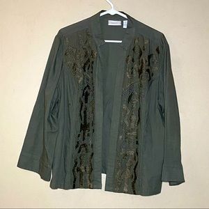 Army Green Front Open Cardigan with Embroidered Size 3 Chicos